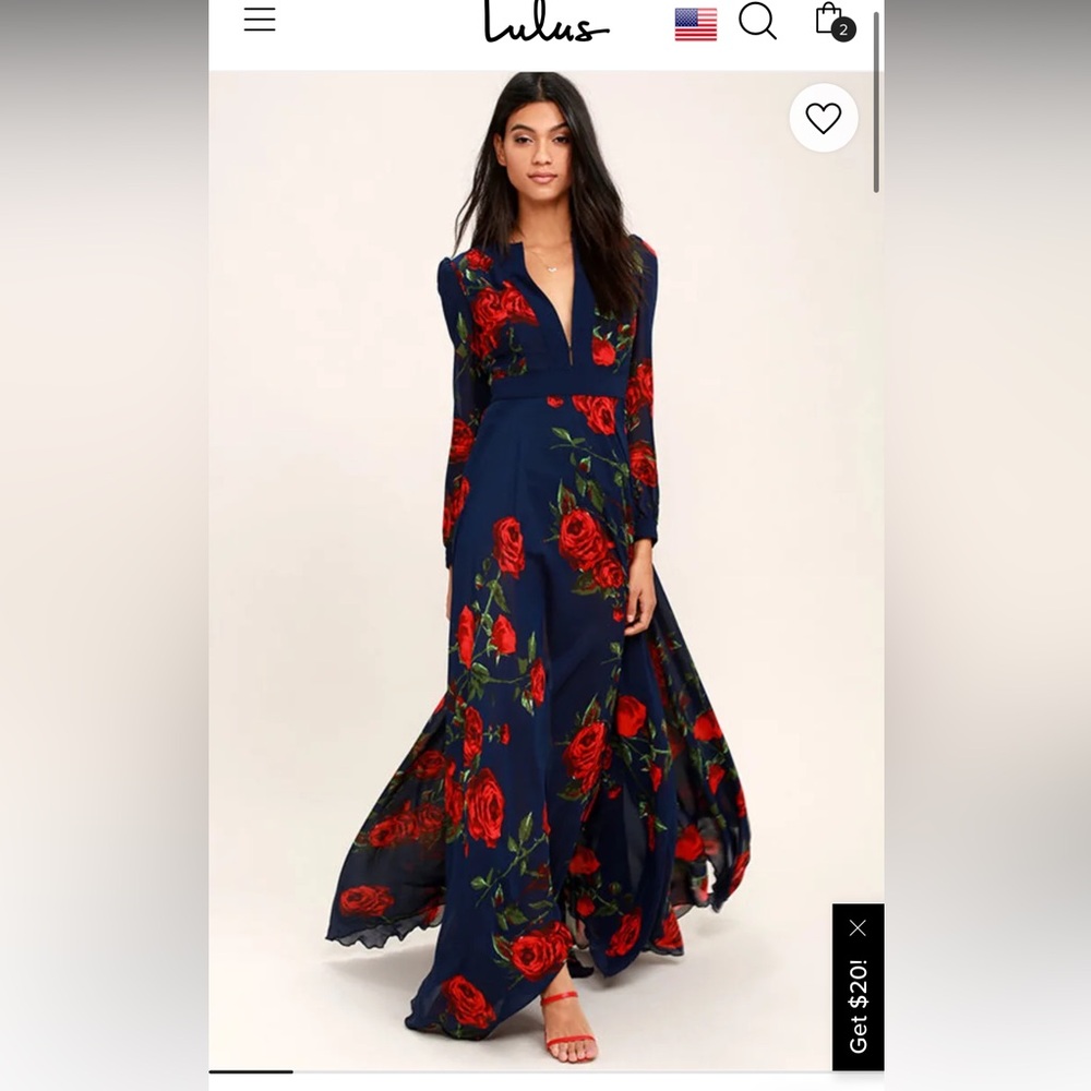 Lulu’s Blossom Buddy Red and Navy Blue Floral Print Maxi Dress